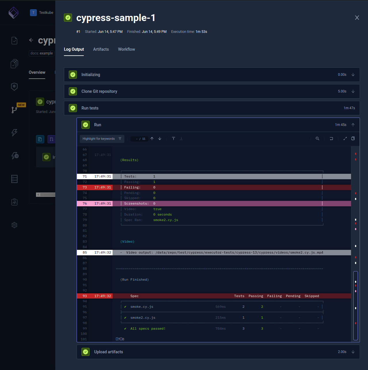 Cypress Framework Log Output